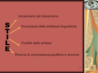 Accentuarsi del classicismo Scomparsa delle arditezze linguistiche Fluidità della sintassi Ricerca di compostezza,equilibrio e armonia STILE 