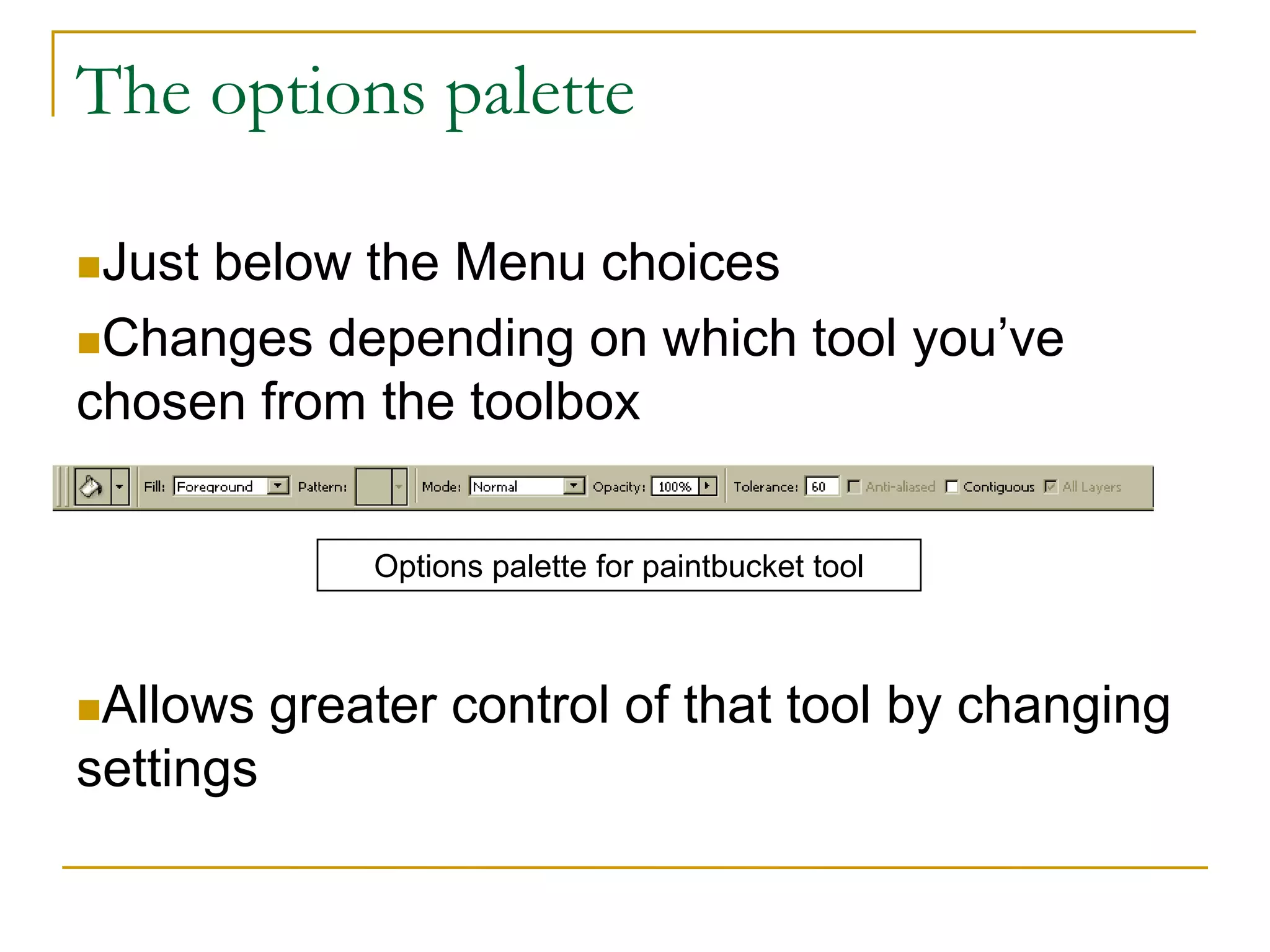 The options palette
Just below the Menu choices
Changes depending on which tool you’ve
chosen from the toolbox
Allows greater control of that tool by changing
settings
Options palette for paintbucket tool
 