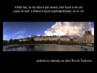 Vědět tak, že mi zbývá pár minut, řekl bych ti   do očí „mám tě rád ”  a bláhově bych nepředpokládal, že to víš . pohled ze zahrady na ulici  Rivoli Tuileries  