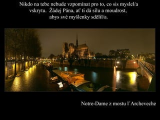N ikdo na tebe nebude vzpomínat pro to, co sis myslel/a vskrytu.   Žádej Pána, ať ti dá sílu a moudrost,  abys své myšlenky sdělil/a . Notre - Dame  z mostu   l´ Archev e ch e 