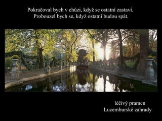 Pokračoval bych v chůzi, když se ostatní zastaví.   Probouzel bych se, když ostatní budou spát . . léčivý pramen   Lu ce mbur ské zahrady 