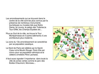 Les arrondissements qui se trouvent dans le centre de la ville sont les plus connus par la présence de nombreux monuments touristiques ou musées tels que Notre Dame, le Louvre, le palais des Tuileries,la Tour Eiffel, les Champs Élysées etc... Plus au Sud de la ville, se trouve la Tour Montparnasse et d´autres bâtiments d´une architecture plus moderne. La zone du 13e arrondissement se caractérise par sa population asiatique. Le Nord de Paris est célèbre par le Sacré Coeur et le Moulin Rouge. Paris 20e est connu pour sa population ethnique et le célèbre cimetière Père Lachaise. Il faut aussi signaler l´importance  dans toute la ville de zones vertes comme le parc des Buttes Chaumont, Monceau... 