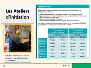 Les Ateliers
d’initiation
Initiation internet à un sourd
profond – son épouse assure
la traduction
Van Meeuwen - Médiathèque de Lorient
13
 
