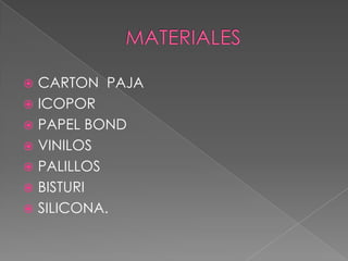 CARTON PAJA
 ICOPOR
 PAPEL BOND
 VINILOS
 PALILLOS
 BISTURI
 SILICONA.


 