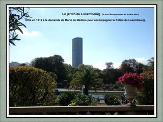 Le jardin du Luxembourg. (la tour Montparnasse en arrière plan)
Créé en 1612 à la demande de Marie de Médicis pour accompagner le Palais du Luxembourg.
 