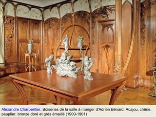Alexandre Charpentier, Boiseries de la salle à manger d'Adrien Bénard, Acajou, chêne, 
peuplier, bronze doré et grès émaillé (1900-1901) 
 