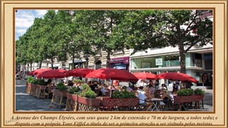 A Avenue des Champs Élysées, com seus quase 2 km de extensão e 70 m de largura, a todos seduz e 
disputa com a própria Tour Eiffel o título de ser a primeira atração a ser visitada pelos turistas. 
 