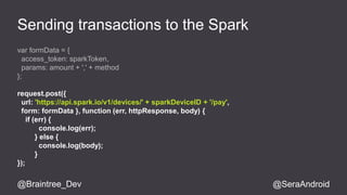 Spark Support for SSE 
“A server-sent event is when a web page automatically gets 
updates from a server.” 
w3schools.com/Html/html5_serversentevents.asp 
@Braintree_Dev @SeraAndroid 
 