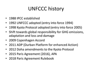 UNFCCC history
• 1988 IPCC established
• 1992 UNFCCC adopted (entry into force 1994)
• 1998 Kyoto Protocol adopted (entry into force 2005)
• Shift towards global responsibility for GHG emissions,
adaptation and loss and damage
• 2009 Copenhagen Accord
• 2011 ADP (Durban Platform for enhanced Action)
• 2012 Doha amendments to the Kyoto Protocol
• 2015 Paris Agreement (2016), APA
• 2018 Paris Agreement Rulebook
 