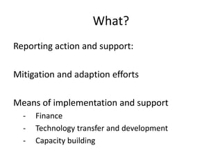 What?
Reporting action and support:
Mitigation and adaption efforts
Means of implementation and support
- Finance
- Technology transfer and development
- Capacity building
 