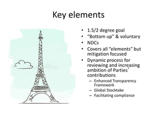 Key elements
• 1.5/2 degree goal
• “Bottom up” & voluntary
• NDCs
• Covers all “elements” but
mitigation focused
• Dynamic process for
reviewing and increasing
ambition of Parties’
contributions
– Enhanced Transparency
Framework
– Global Stocktake
– Facilitating compliance
 