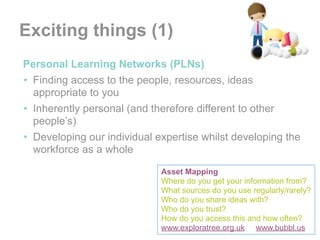 Exciting things (1)
•Personal Learning Networks (PLNs)
 • Finding access to the people, resources, ideas
   appropriate to you
 • Inherently personal (and therefore different to other
   people’s)
 • Developing our individual expertise whilst developing the
   workforce as a whole

                              Asset Mapping
                              Where do you get your information from?
                              What sources do you use regularly/rarely?
                              Who do you share ideas with?
                              Who do you trust?
                              How do you access this and how often?
                              www.exploratree.org.uk www.bubbl.us
 