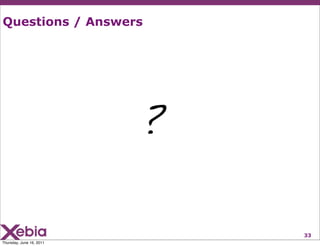Questions / Answers




                          ?

                              33
Thursday, June 16, 2011
 