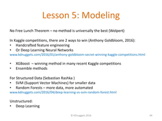 Lesson 5: Modeling
No Free Lunch Theorem – no method is universally the best (Wolpert)
In Kaggle competitions, there are 2...