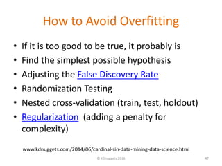How to Avoid Overfitting
• If it is too good to be true, it probably is
• Find the simplest possible hypothesis
• Adjustin...