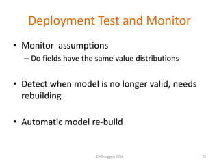 Deployment Test and Monitor
• Monitor assumptions
– Do fields have the same value distributions
• Detect when model is no ...