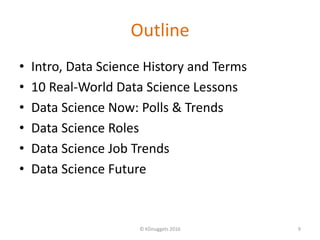 Outline
• Intro, Data Science History and Terms
• 10 Real-World Data Science Lessons
• Data Science Now: Polls & Trends
• ...
