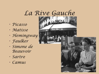 La Rive Gauche
• Picasso
• Matisse
• Hemingway
• Faulker
• Simone de
Beauvoir
• Sartre
• Camus
 