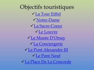 Objectifs touristiques
     La Tour Eiffel
     Notre-Dame
    La Sacre-Coeur
      Le Louvre
  Le Musée D’Orsay
   La Conciergerie
 Le Pont Alexandre III
     Le Pont Neuf
La Place De La Concorde
 