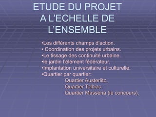 ETUDE DU PROJET
A L’ECHELLE DE
L’ENSEMBLE
•Les différents champs d’action.
• Coordination des projets urbains.
•Le tissage des continuité urbaine.
•le jardin l’élément fédérateur.
•Implantation universitaire et culturelle.
•Quartier par quartier:
Quartier Austerlitz.Quartier Austerlitz.
Quartier Tolbiac.Quartier Tolbiac.
Quartier Masséna (le concours).Quartier Masséna (le concours).
 