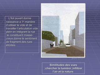 Source TA 425Source TA 425
Similitudes des vuesSimilitudes des vues
;chercher la lumière ;infiltrer;chercher la lumière ;infiltrer
l’air et la nature.l’air et la nature.
L’îlot ouvert donneL’îlot ouvert donne
naissance a 1naissance a 1ee
manièremanière
d’utiliser le vide et ded’utiliser le vide et de
travailler l’articulation videtravailler l’articulation vide
plein en intégrant la rueplein en intégrant la rue
;le constituant masse-;le constituant masse-
creux donne le sentimentcreux donne le sentiment
de fragment des ruesde fragment des rues
étroites.étroites.
 
