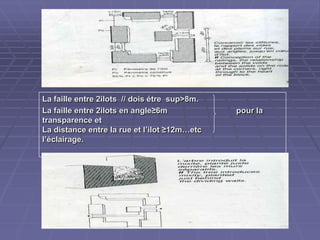 La faille entre 2ilotsLa faille entre 2ilots // dois étre sup>8m.// dois étre sup>8m.
La faille entre 2ilots en angle≥6m pour laLa faille entre 2ilots en angle≥6m pour la
transparence ettransparence et
La distance entre la rue et l’ilot ≥12m…etcLa distance entre la rue et l’ilot ≥12m…etc
l’éclairage.l’éclairage.
 