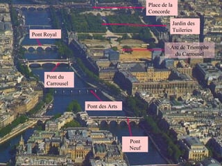 Place de la Concorde Jardin des Tuileries Arc de Triomphe du Carrousel Pont Neuf Pont des Arts Pont du Carrousel Pont Royal 