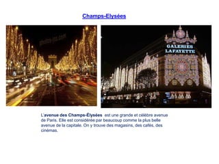 Champs-Elysées
L’avenue des Champs-Élysées est une grande et célèbre avenue
de Paris. Elle est considérée par beaucoup comme la plus belle
avenue de la capitale. On y trouve des magasins, des cafés, des
cinémas.
 