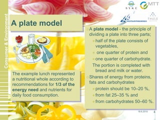 18.6.2010 4
Consumer&Environment
A plate modelA plate model
The example lunch represented
a nutritional whole according to
recommendations for 1/3 of the
energy need and nutrients for
daily food consumption.
The example lunch represented
a nutritional whole according to
recommendations for 1/3 of the
energy need and nutrients for
daily food consumption.
A plate model - the principle of
dividing a plate into three parts;
half of the plate consists of
vegetables,
one quarter of protein and
one quarter of carbohydrate.
The portion is completed with
bread and milk or water.
Shares of energy from proteins,
fats and carbohydrates
protein should be 10–20 %,
from fat 25–35 % and
from carbohydrates 50–60 %.
A plate model - the principle of
dividing a plate into three parts;
half of the plate consists of
vegetables,
one quarter of protein and
one quarter of carbohydrate.
The portion is completed with
bread and milk or water.
Shares of energy from proteins,
fats and carbohydrates
protein should be 10–20 %,
from fat 25–35 % and
from carbohydrates 50–60 %.
 