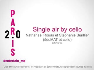 Single air by celio
Nathanaël Rouas et Stephanie Burillier
(5duMAT et celio)
07/03/14

Déjà diffuseurs de contenus, les medias et les consommateurs en produisent pour les marques

 