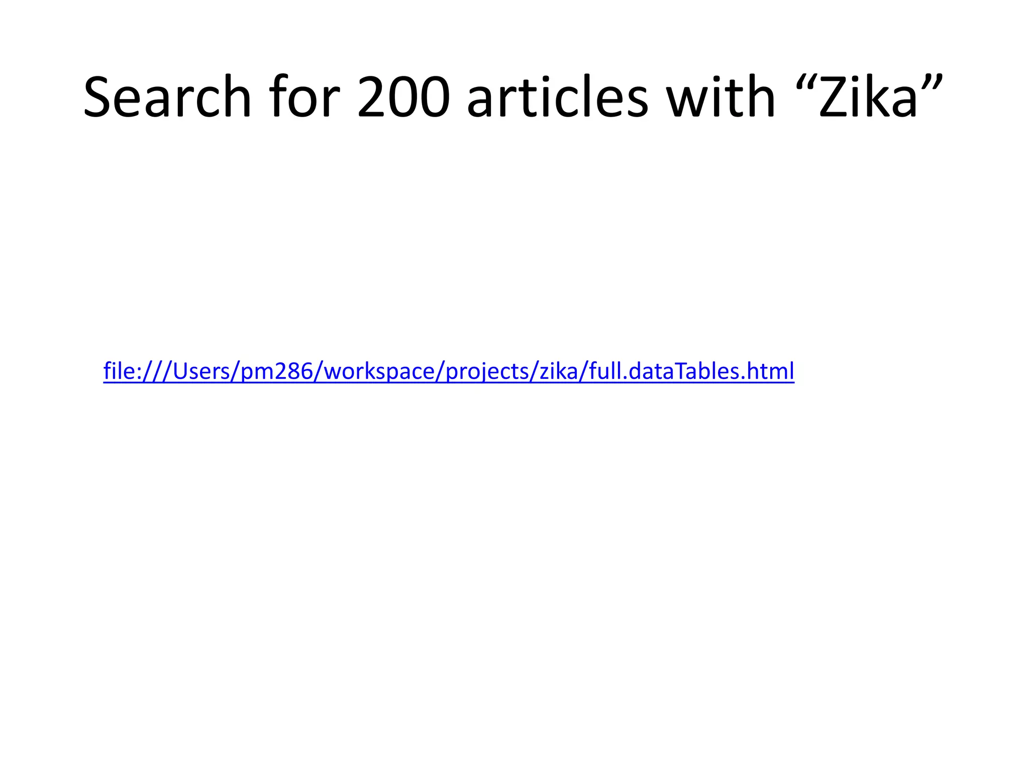 Search for 200 articles with “Zika”
file:///Users/pm286/workspace/projects/zika/full.dataTables.html
 