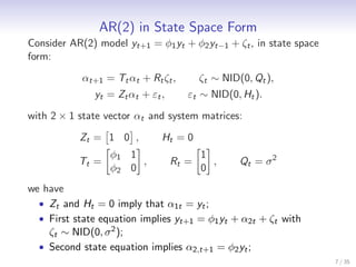 AR(2) in State Space Form
Consider AR(2) model yt+1 = φ1 yt + φ2 yt−1 + ζt , in state space
form:

            αt+1 = Tt αt + Rt ζt ,       ζt ∼ NID(0, Qt ),
              yt = Zt αt + εt ,      εt ∼ NID(0, Ht ).

with 2 × 1 state vector αt and system matrices:

           Zt = 1 0 ,         Ht = 0
                  φ1 1                   1
           Tt =        ,          Rt =     ,      Qt = σ 2
                  φ2 0                   0
we have
  • Zt and Ht = 0 imply that α1t = yt ;
  • First state equation implies yt+1 = φ1 yt + α2t + ζt with
    ζt ∼ NID(0, σ 2 );
  • Second state equation implies α2,t+1 = φ2 yt ;
                                                                    7 / 35
 