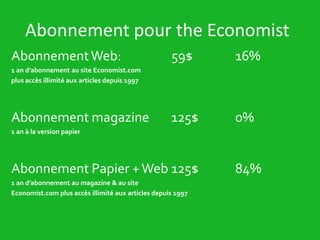Abonnement pour the Economist
AbonnementWeb: 59$ 16%
1 an d’abonnement au site Economist.com
plus accès illimité aux articles depuis 1997
Abonnement magazine 125$ 0%
1 an à la version papier
Abonnement Papier +Web 125$ 84%
1 an d’abonnement au magazine & au site
Economist.com plus accès illimité aux articles depuis 1997
 