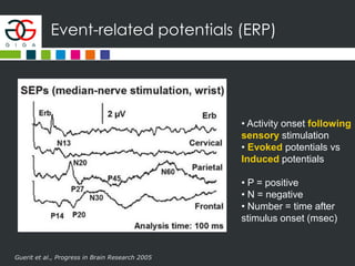 Event-related potentials (ERP)
Guerit et al., Progress in Brain Research 2005
• Activity onset following
sensory stimulation
• Evoked potentials vs
Induced potentials
• P = positive
• N = negative
• Number = time after
stimulus onset (msec)
 