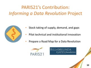 10
• Stock taking of supply, demand, and gaps
• Pilot technical and institutional innovation
• Prepare a Road Map for a Data Revolution
 