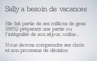 Sally a besoin de vacances Elle fait partie de ses millions de gens (88%) préparant une partie ou l’intégralité de son séjour, online... Nous devons comprendre ses choix et son processus de décision 