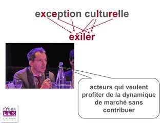exception culturelle

       exiler



           acteurs qui veulent
         profiter de la dynamique
             de marché sans
                 contribuer
 