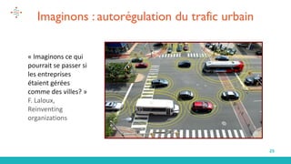 25
Imaginons : autorégulation du trafic urbain
« Imaginons ce qui
pourrait se passer si
les entreprises
étaient gérées
comme des villes? »
F. Laloux,
Reinventing
organizations
 
