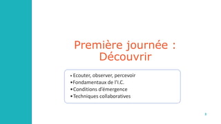 3
P l a n i f i c a t i o n , a l l o c a t i o n d e s r e s s o u r c e s
Première journée :
Découvrir
• Ecouter, observer, percevoir
•Fondamentaux de l’I.C.
•Conditions d’émergence
•Techniques collaboratives
 