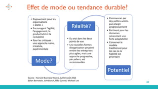 42
Effet de mode ou tendance durable?
• Engouement pour les
organisations
« plates »
• Encouragent l’agilité,
l’engagement, la
productivité et la
rentabilité
• Pour les critiques :
une approche naïve,
irréaliste,
expérimentale
Mode?
• Du vrai dans les deux
points de vue
• Les nouvelles formes
d’organisation peuvent
rendre les entreprises
plus agiles, mais une
approche progressive,
par paliers, est
recommandée
Réalité?
• Commencer par
des petites unités,
puis élargir
progressivement
• Pertinent pour les
domaines
nécessitant une
forte adaptabilité
• Conserver le
modèle
traditionnel pour
les cas où la
fiabilité est
prioritaire
Potentiel
Source : Harvard Business Review, Juillet-Août 2016
Ethan Bernstein, JohnBunch, Niko Canner, Michael Lee
 