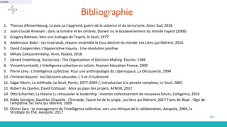61
Bibliographie
1. Thomas d’Ansembourg, La paix ça s'apprend, guérir de la violence et du terrorisme, Actes Sud, 2016
2. Jean-Claude Ameisen : dans la lumière et les ombres, Darwin ou le bouleversement du monde Fayard (2008)
3. Gregory Bateson, Vers une écologie de l'esprit, le Seuil, 1977
4. Abdennour Bidar : Les tisserands, réparer ensemble le tissu déchiré du monde. Les Liens qui libèrent, 2016
5. David Cooperrider, L'Appreciative Inquiry - Une révolution positive
6. Mihaly Csikszentmilahyi, Vivre, Pocket, 2016
7. Gérard Endenburg, Sociocracy : The Organization of Decision Making. Eburon, 1988
8. Vincent Lenhardt, L'Intelligence collective en action, Pearson Education France, 2009
9. Pierre Lévy : L'Intelligence collective. Pour une anthropologie du cyberespace, La Découverte, 1994
10. Christian Maurel : les Décisions absurdes, I, II et III Gallimard
11. Edgar Morin, La méthode, Le Seuil, Points, 1977-2004 /, Introduction à la pensée complexe, Le Seuil, 2005
12. Robert de Quelen, David Colliquet : Alice au pays des projets, AFNOR, 2017
13. Otto Scharmer, La théorie U, renouveler le leadership : Inventer collectivement de nouveaux futurs, Colligence, 2016
14. Pablo Servigne, Gauthier Chapelle : l’Entraide, l’autre loi de la jungle, Les liens qui libèrent, 2017 Frans de Waal : l’âge de
l’empathie, les liens qui libèrent, 2009
15. Olivier Zara : Le management de l'intelligence collective, vers une éthique de la collaboration, Axiopole, 2004, la
Stratégie du Thé, Axiopole, 2017
Le Seuil
 