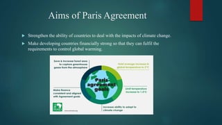 Aims of Paris Agreement
 Strengthen the ability of countries to deal with the impacts of climate change.
 Make developing countries financially strong so that they can fulfil the
requirements to control global warming.
 