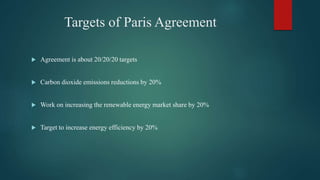 Targets of Paris Agreement
 Agreement is about 20/20/20 targets
 Carbon dioxide emissions reductions by 20%
 Work on increasing the renewable energy market share by 20%
 Target to increase energy efficiency by 20%
 