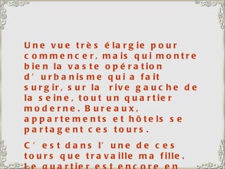 Une vue très élargie pour commencer, mais qui montre bien la vaste opération d’urbanisme qui a fait surgir, sur la  rive gauche de la seine, tout un quartier moderne. Bureaux, appartements et hôtels se partagent ces tours.  C’est dans l’une de ces tours que travaille ma fille. Le quartier est encore en pleine expansion, avec, en chantier, l’immeuble le plus haut d’Europe. 