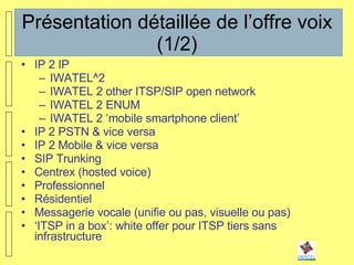 Présentation détaillée de l’offre voix (1/2) IP 2 IP IWATEL^2  IWATEL 2 other ITSP/SIP open network IWATEL 2 ENUM IWATEL 2 ‘mobile smartphone client’ IP 2 PSTN & vice versa IP 2 Mobile & vice versa SIP Trunking  Centrex (hosted voice) Professionnel  Résidentiel Messagerie vocale (unifie ou pas, visuelle ou pas) ‘ ITSP in a box’: white offer pour ITSP tiers sans infrastructure 