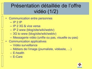 Présentation détaillée de l’offre vidéo (1/2) Communication entre personnes IP 2 IP IP 2 3G & vice versa IP 2 www (blog/site/wiki/webtv) 3G to www (blog/site/wiki/webtv) Messagerie vidéo (unifie ou pas, visuelle ou pas) Communication applicatives Vidéo surveillance Métiers de l’image (journaliste, vidéaste, …)  E-health E-Care 