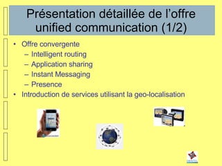 Présentation détaillée de l’offre unified communication (1/2) Offre convergente Intelligent routing Application sharing Instant Messaging Presence Introduction de services utilisant la geo-localisation 