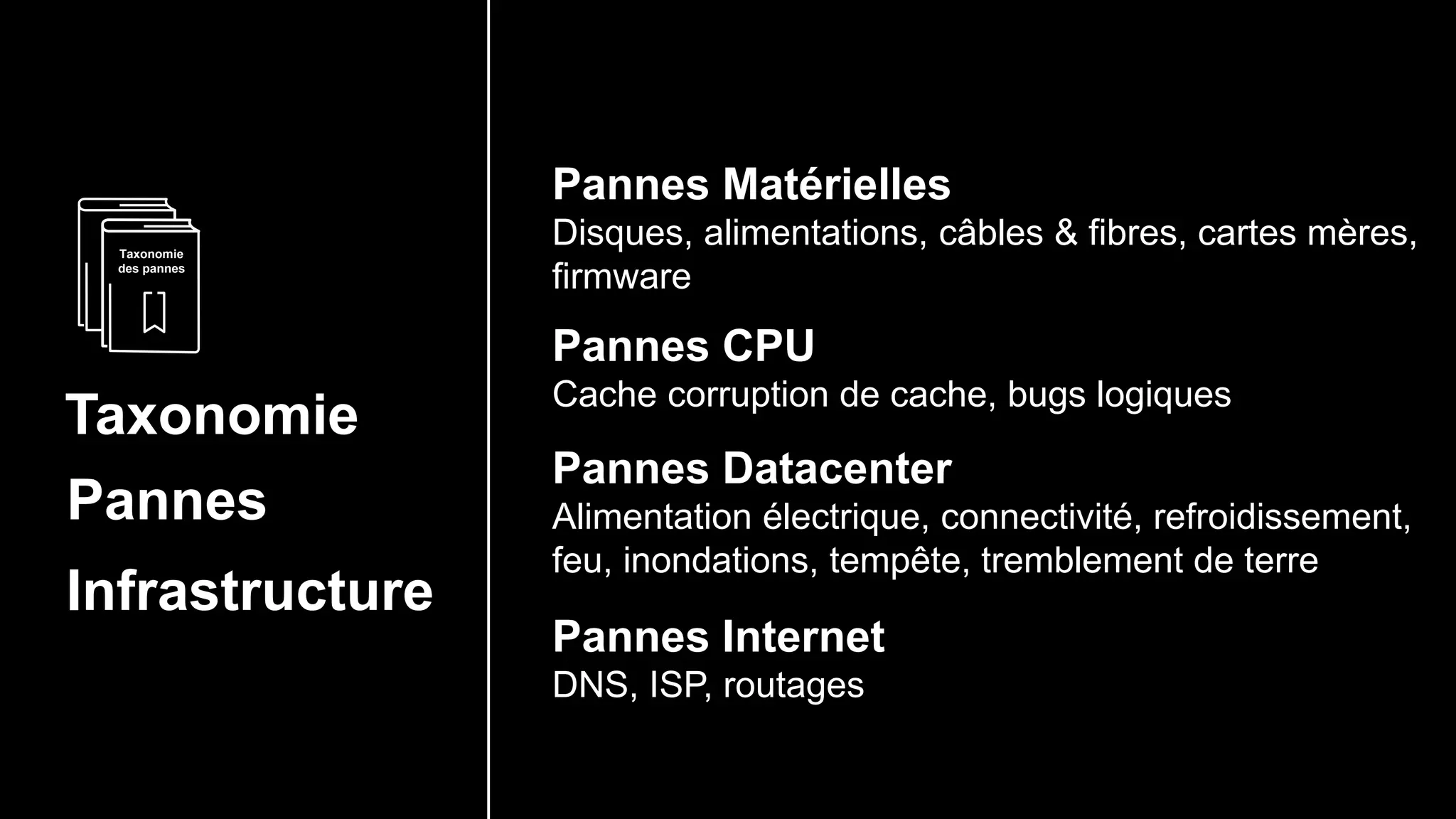 Taxonomie
Infrastructure
Taxonomie
des pannes
Pannes
Pannes Matérielles
Disques, alimentations, câbles & fibres, cartes mères,
firmware
Pannes CPU
Cache corruption de cache, bugs logiques
Pannes Datacenter
Alimentation électrique, connectivité, refroidissement,
feu, inondations, tempête, tremblement de terre
Pannes Internet
DNS, ISP, routages
 