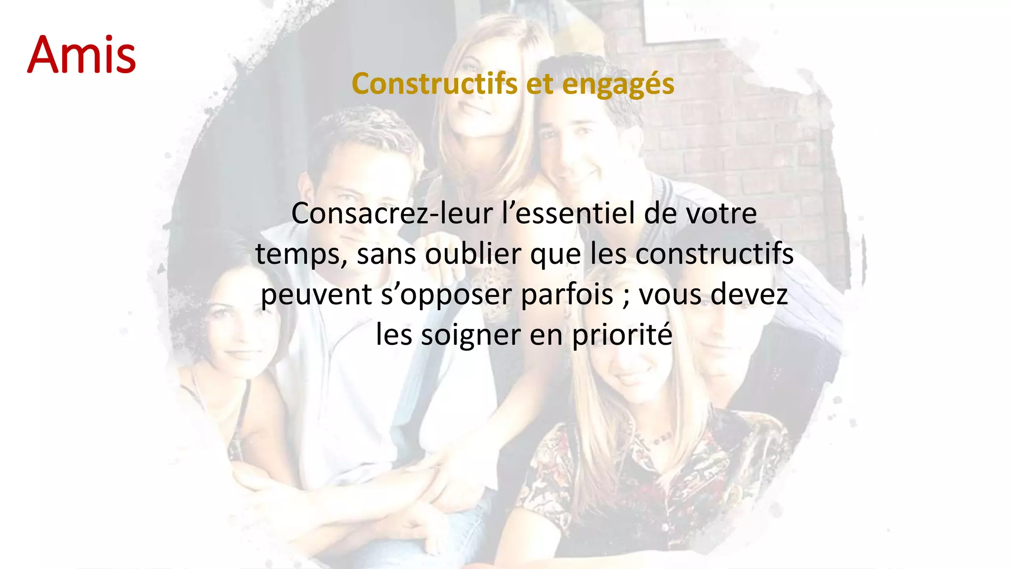 Amis
Consacrez-leur l’essentiel de votre
temps, sans oublier que les constructifs
peuvent s’opposer parfois ; vous devez
les soigner en priorité
Constructifs et engagés
 