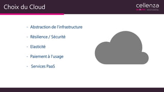 Choix du Cloud
- Abstraction de l’infrastructure
- Résilience / Sécurité
- Elasticité
- Paiement à l’usage
- Services PaaS
 